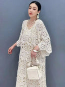 SHENGPALAE Women's Dress Hooked Flower Hollow Elegant Fashion Loose Beautiful Long Dresses 2024 Summer New Y2k Clothes 5R9896