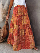 Women Bohemian Print Long Skirts Elastic High Waist Loose Tiered A-line Skirts with Pockets Summer Fall Sexy Holiday Streetwear