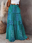 Women Bohemian Print Long Skirts Elastic High Waist Loose Tiered A-line Skirts with Pockets Summer Fall Sexy Holiday Streetwear