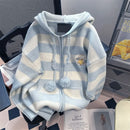 Cute Striped Puppy Embroidery Sweater Coat Women Autumn Winter Casual Zipper Hooded Cardigan Japan Sweet Loose Knit Top