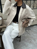 Women's Contrast Leather Collar Multi-Pocket Corduroy Jacket, Off-White, Loose Retro Workwear Coat