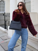 Burgundy Faux Fur Coat Vintage Long Sleeve Furry Warm Jackets Fashion Casual Women Coats 2024 Autumn High Street Lady Outerwear