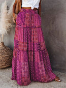 Women Bohemian Print Long Skirts Elastic High Waist Loose Tiered A-line Skirts with Pockets Summer Fall Sexy Holiday Streetwear