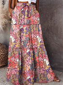 Women Bohemian Print Long Skirts Elastic High Waist Loose Tiered A-line Skirts with Pockets Summer Fall Sexy Holiday Streetwear