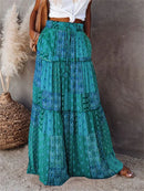Women Bohemian Print Long Skirts Elastic High Waist Loose Tiered A-line Skirts with Pockets Summer Fall Sexy Holiday Streetwear