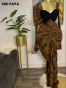 CM.YAYA Women Leaf Printed Stacked Ruched Draped V-neck Maxi Long Bodycon Dress 2025 Holiday Birthday Club Party Evening Dresses