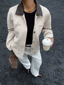 Women's Contrast Leather Collar Multi-Pocket Corduroy Jacket, Off-White, Loose Retro Workwear Coat