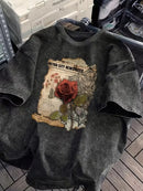 Vintage Washed T-shirt with Retro Rose Print,Men Women Unisex Streetwear Fashion Tees Casual Shirt Basic Round Neck Tops