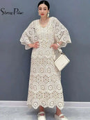 SHENGPALAE Women's Dress Hooked Flower Hollow Elegant Fashion Loose Beautiful Long Dresses 2024 Summer New Y2k Clothes 5R9896