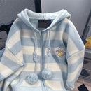 Cute Striped Puppy Embroidery Sweater Coat Women Autumn Winter Casual Zipper Hooded Cardigan Japan Sweet Loose Knit Top