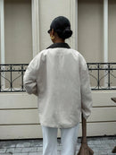 Women's Contrast Leather Collar Multi-Pocket Corduroy Jacket, Off-White, Loose Retro Workwear Coat