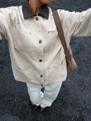 Women's Contrast Leather Collar Multi-Pocket Corduroy Jacket, Off-White, Loose Retro Workwear Coat