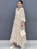 SHENGPALAE Women's Dress Hooked Flower Hollow Elegant Fashion Loose Beautiful Long Dresses 2024 Summer New Y2k Clothes 5R9896