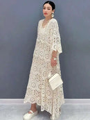 SHENGPALAE Women's Dress Hooked Flower Hollow Elegant Fashion Loose Beautiful Long Dresses 2024 Summer New Y2k Clothes 5R9896