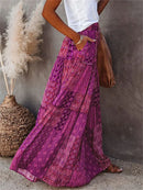 Women Bohemian Print Long Skirts Elastic High Waist Loose Tiered A-line Skirts with Pockets Summer Fall Sexy Holiday Streetwear