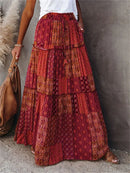 Women Bohemian Print Long Skirts Elastic High Waist Loose Tiered A-line Skirts with Pockets Summer Fall Sexy Holiday Streetwear