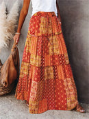 Women Bohemian Print Long Skirts Elastic High Waist Loose Tiered A-line Skirts with Pockets Summer Fall Sexy Holiday Streetwear