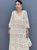 SHENGPALAE Women's Dress Hooked Flower Hollow Elegant Fashion Loose Beautiful Long Dresses 2024 Summer New Y2k Clothes 5R9896
