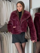 Burgundy Faux Fur Coat Vintage Long Sleeve Furry Warm Jackets Fashion Casual Women Coats 2024 Autumn High Street Lady Outerwear