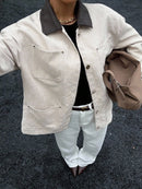 Women's Contrast Leather Collar Multi-Pocket Corduroy Jacket, Off-White, Loose Retro Workwear Coat