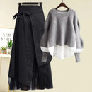 Women's Falls Patchwork Sweater Fashion Asymmetrical Skirts 1 or Two Piece Set Lady Autumn Casual Knit Tops Black Skirt Outfits