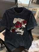 Vintage Washed T-shirt with Retro Rose Print,Men Women Unisex Streetwear Fashion Tees Casual Shirt Basic Round Neck Tops